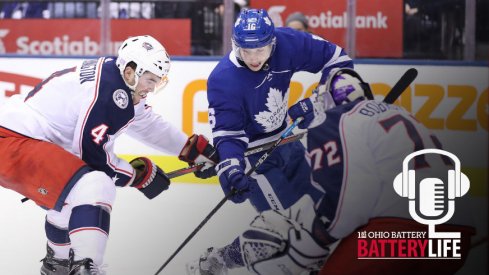 Mitch Marner drives in on Sergei Bobrovsky and Scott Harrington before he creates a goal.