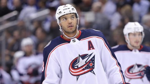 Seth Jones skates down the ice while the Blue Jackets take on the Toronto Maple Leafs