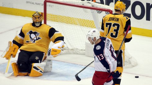 Columbus Blue Jackets forward Cam Atkinson celebrates scoring a goal in his seventh consecutive game, tying a Blue Jackets franchise record.