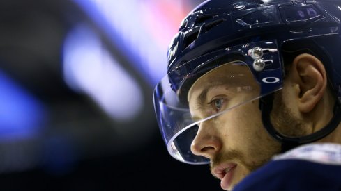 Columbus Blue Jackets forward Oliver Bjorkstrand looks on during a game against the Washington Capitals at Nationwide Arena.