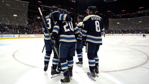 Riley Nash celebrates his first goal with the Columbus Blue Jackets