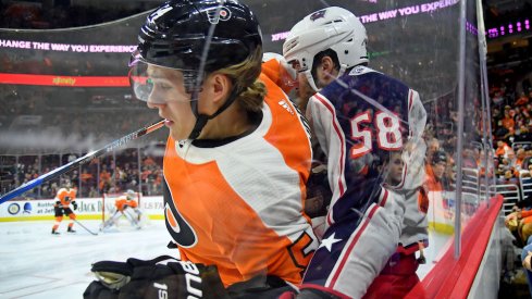 Columbus Blue Jackets defenseman David Savard defends against the Philadelphia Flyers at Wells Fargo Center.