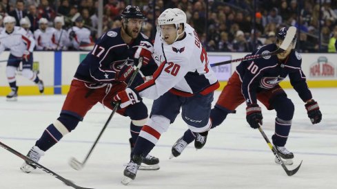 Columbus Blue Jackets center Brandon Dubinsky defends against Lars Eller of the Washington Capitals during a game at Nationwide Arena.