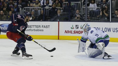 Boone Jenner on a breakaway against Jacob Markstrom 