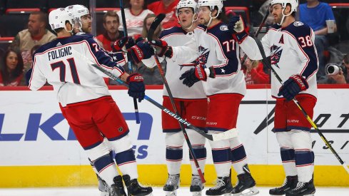 Josh Anderson celebrates with teammates after his goal against the Detroit Red Wings