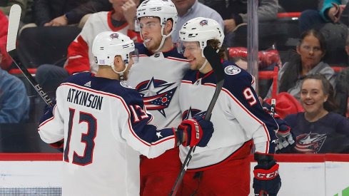 The Blue Jackets top power play unit celebrates a goal against the Detroit Red Wings