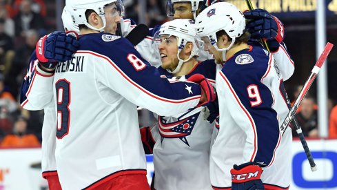 Columbus Blue Jackets defenseman Zach Werenski celebrates a goal against the Philadelphia Flyers at Wells Fargo Center.