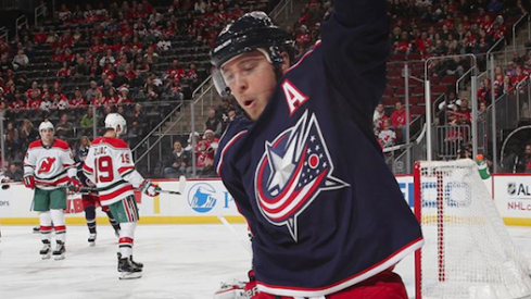 Cam Atkinson celebrates after scoring a goal in the first period against the New Jersey Devils.