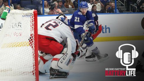 Sergei Bobrovsky attempts to save the puck against the Tampa Bay Lightning.