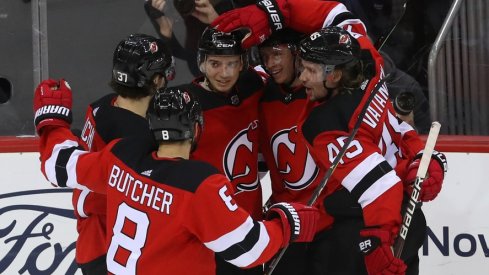 The New Jersey Devils celebrate a goal. 