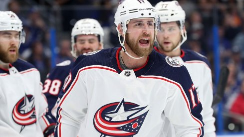 Brandon Dubinsky yells during the first period at Amalie Arena as the Blue Jackets lost 4-0 to the Tampa Bay Lightning