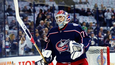 Columbus Blue Jackets goaltender Sergei Bobrovsky takes warm-ups at Nationwide Arena.