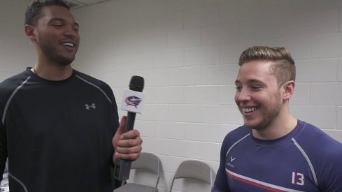 Columbus Blue Jackets All-Stars Cam Atkinson and Seth Jones interview each other following the 2019 NHL Skills in San Jose, California.