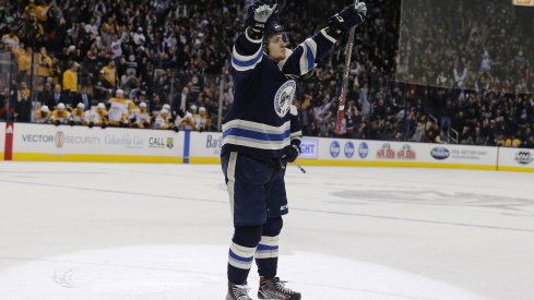 Artemi Panarin celebrates his game winner in overtime against the Nashville Predators at Nationwide Arena