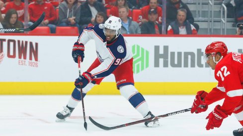 Columbus Blue Jackets forward Anthony Duclair makes a play in the team's season opener against the Detroit Red Wings at Little Caesars Arena.