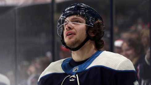 Columbus Blue Jackets forward Artemi Panarin takes a break during warm-ups at Nationwide Arena.