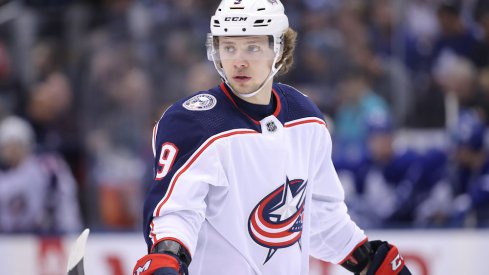 Columbus Blue Jackets forward Artemi Panarin looks on during a game against the Toronto Maple Leafs at Scotiabank Arena.