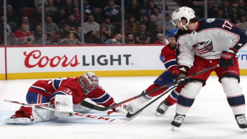 Josh Anderson of the Columbus Blue Jackets sees his shot saved by Carey Price of the Montreal Canadiens.