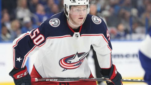 Eric Robinson looks on during the second period of a game at Amalie Arena