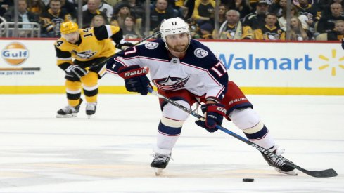 Brandon Dubinsky of the Columbus Blue Jackets controls the puck.