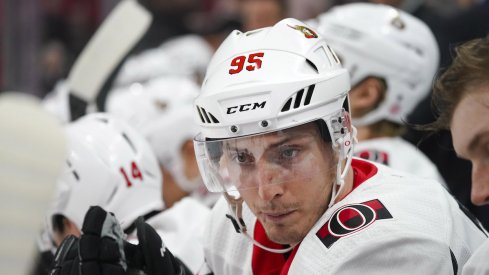 Matt Duchene, now a member of the Blue Jackets, sits on the bench during a game for the Ottawa Senators.