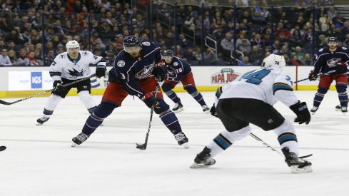 Columbus Blue Jackets defenseman Seth Jones (3) receives a pass as San Jose Sharks defenseman Dylan DeMelo (74) defends during the second period at Nationwide Arena.