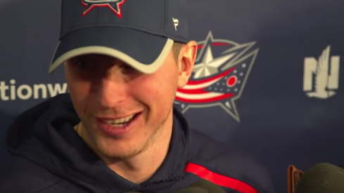 Matt Duchene talks to assembled media after he was traded from the Ottawa Senators to the Columbus Blue Jackets.