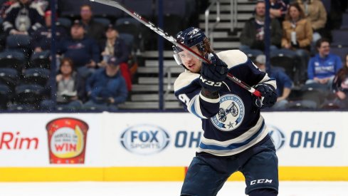 Artemi Panarin shoots the puck during warm-ups for the Columbus Blue Jackets. 