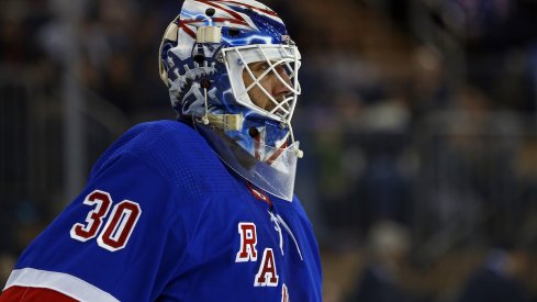 New York Rangers goaltender Henrik Lundqvist (30) reacts against the Minnesota Wild during the first period at Madison Square Garden. 