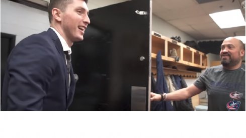 Matt Duchene meets the Blue Jackets equipment staff upon being traded from the Ottawa Senators.