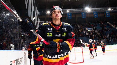 Blue Jackets prospect Emil Bemstrom celebrates a goal in the SHL