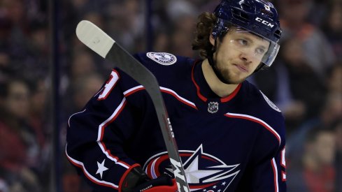 Feb 14, 2019; Columbus, OH, USA; Columbus Blue Jackets left wing Artemi Panarin (9) against the New York Islanders at Nationwide Arena.