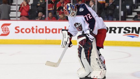 Sergei Bobrovsky shows disappointment during a 4-2 loss to the Calgary Flames on March 19. 