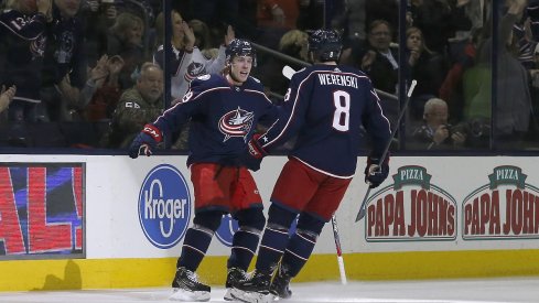 Ryan Dzingel celebrates a goal against the New York Islanders