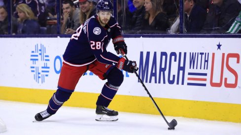 Feb 18, 2019; Columbus, OH, USA; Columbus Blue Jackets right wing Oliver Bjorkstrand (28) against the Tampa Bay Lightning at Nationwide Arena.