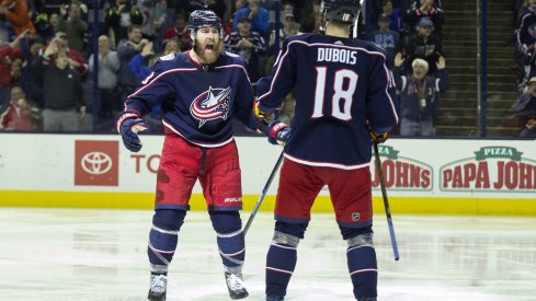 David Savard celebrates a goal 