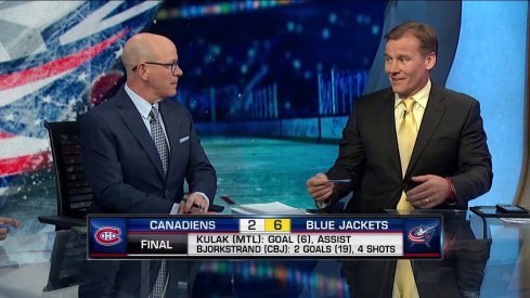 NHL Network analysts Darren Pang (left) and Bill Lindsay (right) discuss the Columbus Blue Jackets' 6-2 win over the Montreal Canadiens.