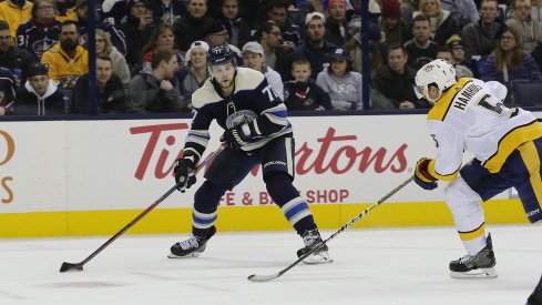 Jan 10, 2019; Columbus, OH, USA; Columbus Blue Jackets right wing Josh Anderson (77) looks to pass against the Nashville Predators during the second period at Nationwide Arena.