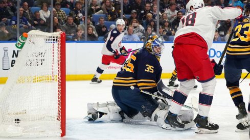 Pierre-Luc Dubois tips in a puck for a goal past Linus Ullmark at KeyBank Center.