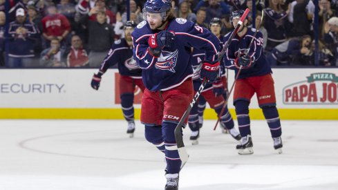 Columbus Blue Jackets forward Artemi Panarin celebrates a goal scored against the Montreal Canadiens at Nationwide Arena.