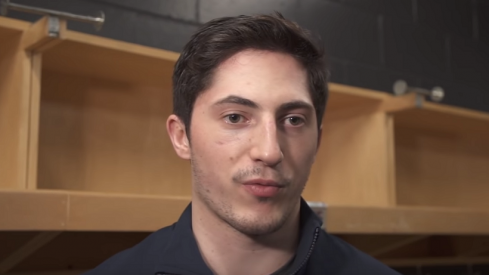 Zach Werenski talks to the assembled media before Game 1 against the Tampa Bay Lightning