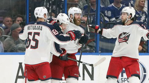 David Savard celebrates a goal for the Columbus Blue Jackets against the Tampa Bay Lightning in Game 1 of the 2019 NHL Stanley Cup Playoffs