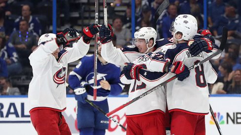 Seth Jones celebrates what would be the wining goal in the Blue Jackets' Game 1 win in Tampa Wednesday night.