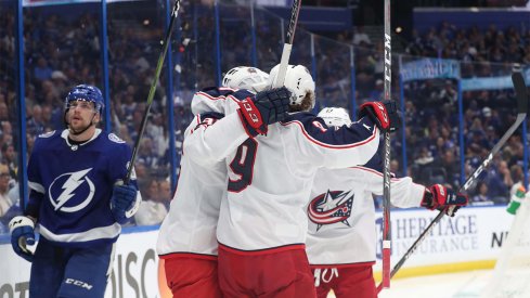 The Blue Jackets celebrate a goal against the Tampa Bay Lightning