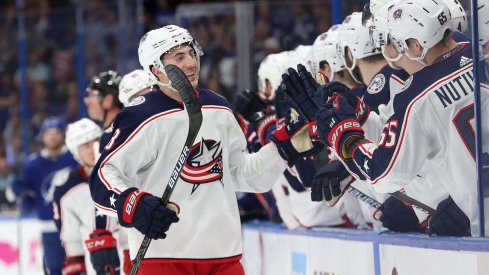 Columbus Blue Jackets defenseman Zach Werenski celebrates a first period power play goal in Game 2 against the Tampa Bay Lightning.