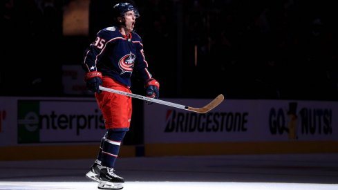 Apr 14, 2019; Columbus, OH, USA; Columbus Blue Jackets center Matt Duchene (95) reacts to being named a star of the game after defeating the Tampa Bay Lightning in game three of the first round of the 2019 Stanley Cup Playoffs at Nationwide Arena.