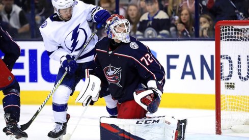 Columbus Blue Jackets goaltender Sergei Bobrovsky (72) watches the puck in front of Tampa Bay Lightning center Tyler Johnson (9) during the second period in game three of the first round of the 2019 Stanley Cup Playoffs at Nationwide Arena.