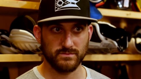 Nick Foligno talks to the assembled media after Game 3 of the 2019 Stanley Cup Playoffs