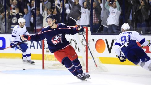 Columbus Blue Jackets center Alexandre Texier celebrates scoring an empty-net goal against the Tampa Bay Lightning in the third period during game four of the first round of the 2019 Stanley Cup Playoffs at Nationwide Arena.