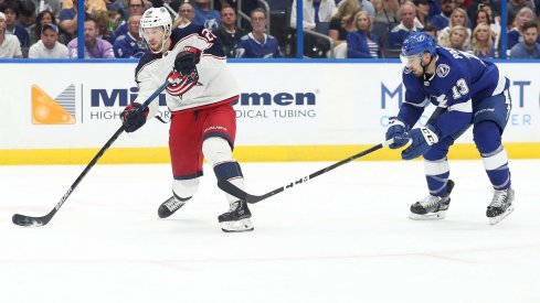 Columbus Blue Jackets forward Oliver Bjorkstrand shoots during the second period of Game 2 at Amalie Arena.